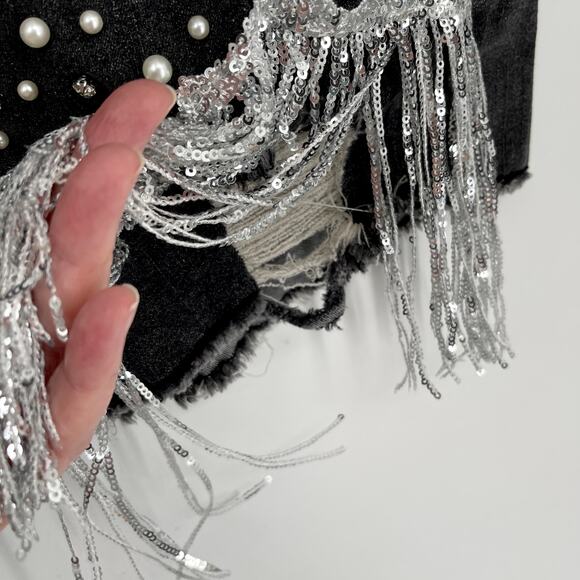 Black Stonewash Sequin Fringe Rhinestone Pearl Beads Shorts Sz XXL Stretch Denim - Picture 5 of 12